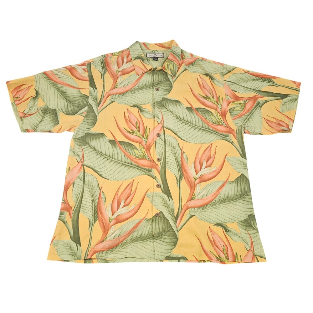 Tommy Bahama Silk Camp Shirt L Short Sleeve Yellow Green Hawaiian Resort Travel